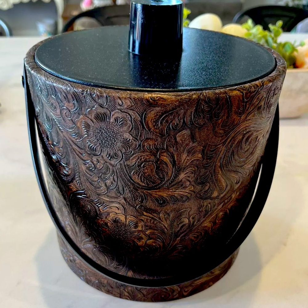 Vintage Irvinware Embossed Tooled 3 Quart Barware with Handle 1970’s Ice Bucket